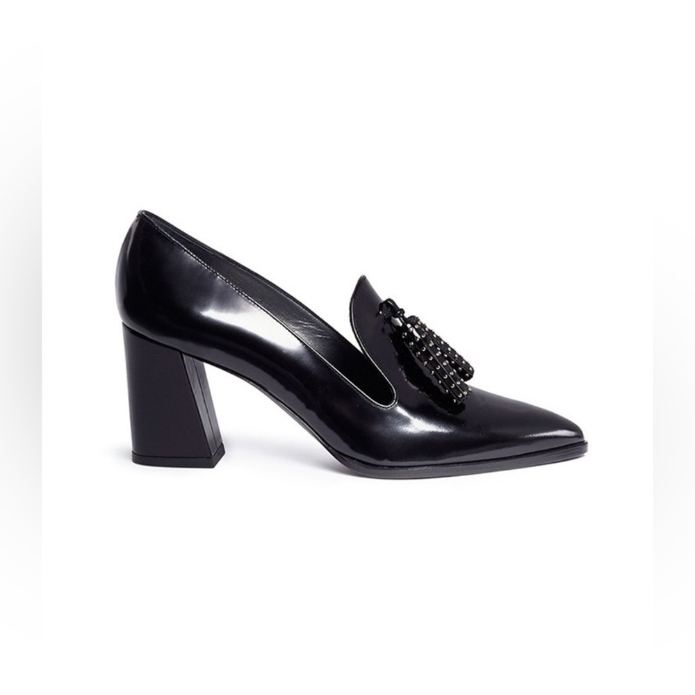 Stuart Weitzman Broom Black Leather Tassel Block Heel Pumps Size 7 M LNC